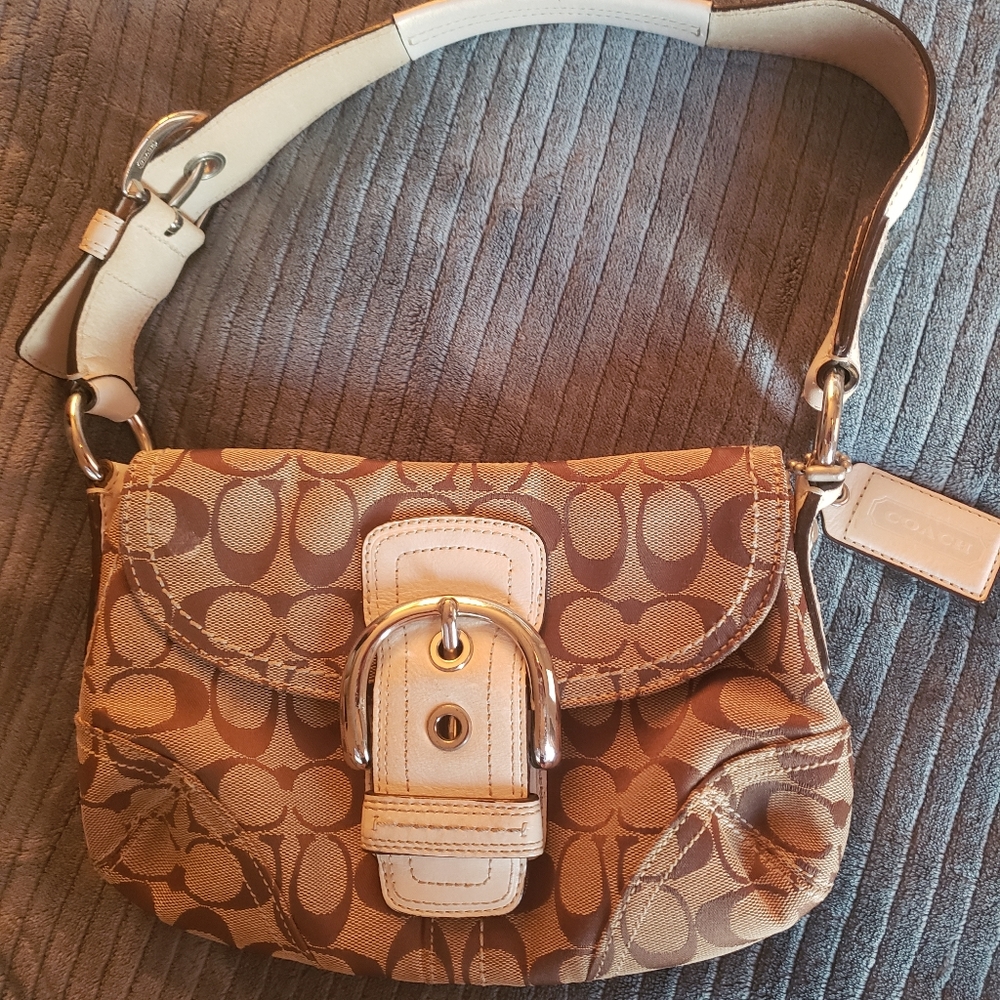 COACH Beige Brown C Canvas White Leather Purse
